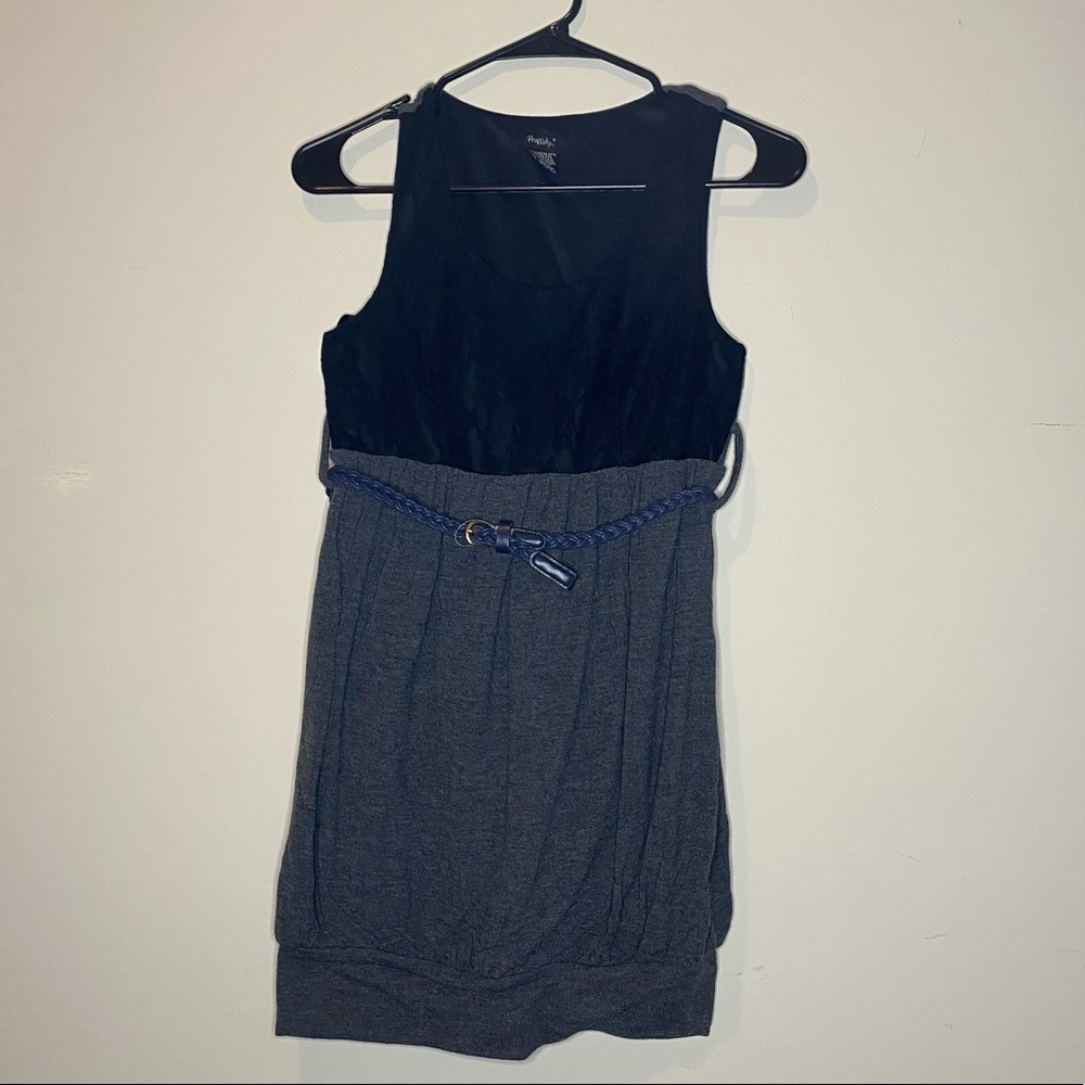 Rhapsody, gray long tank with black lace and belt